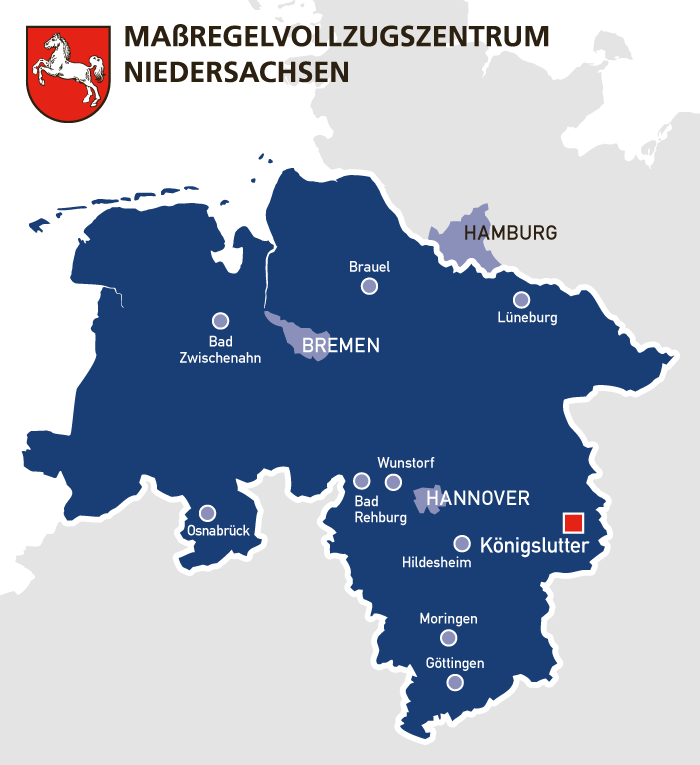 Maßregelvollzugszentrum Niedersachsen mit Landkarte und Logo