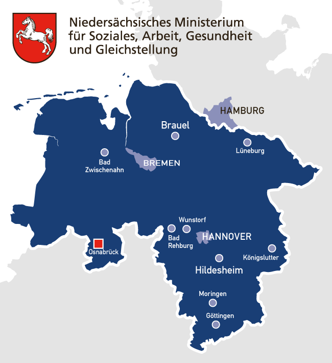 Maßregelvollzugszentrum Niedersachsen mit Landkarte und Logo