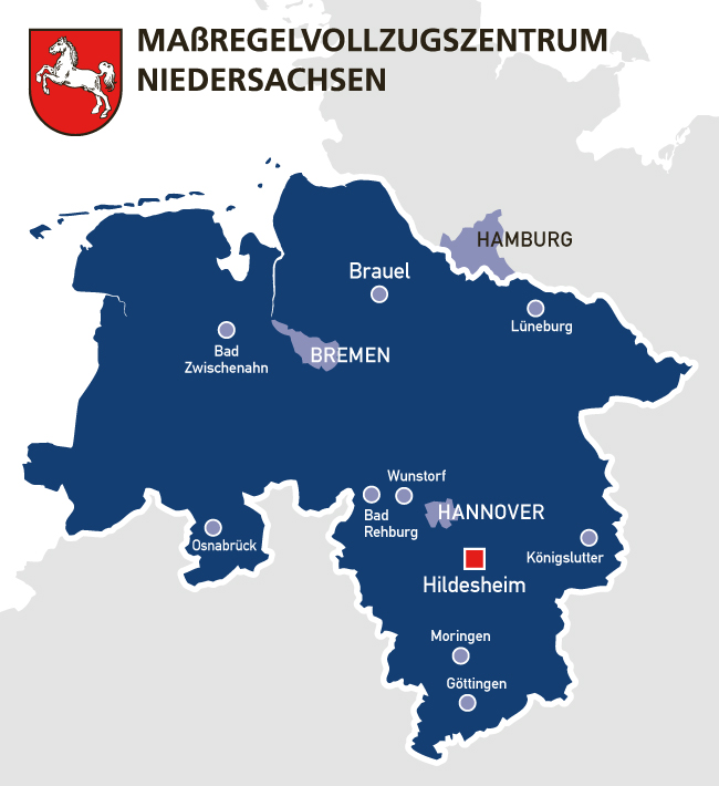 Maßregelvollzugszentrum Niedersachsen mit Landkarte und Logo